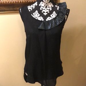 acote blue metallic left shoulder ruffle black sheer, back button down over top